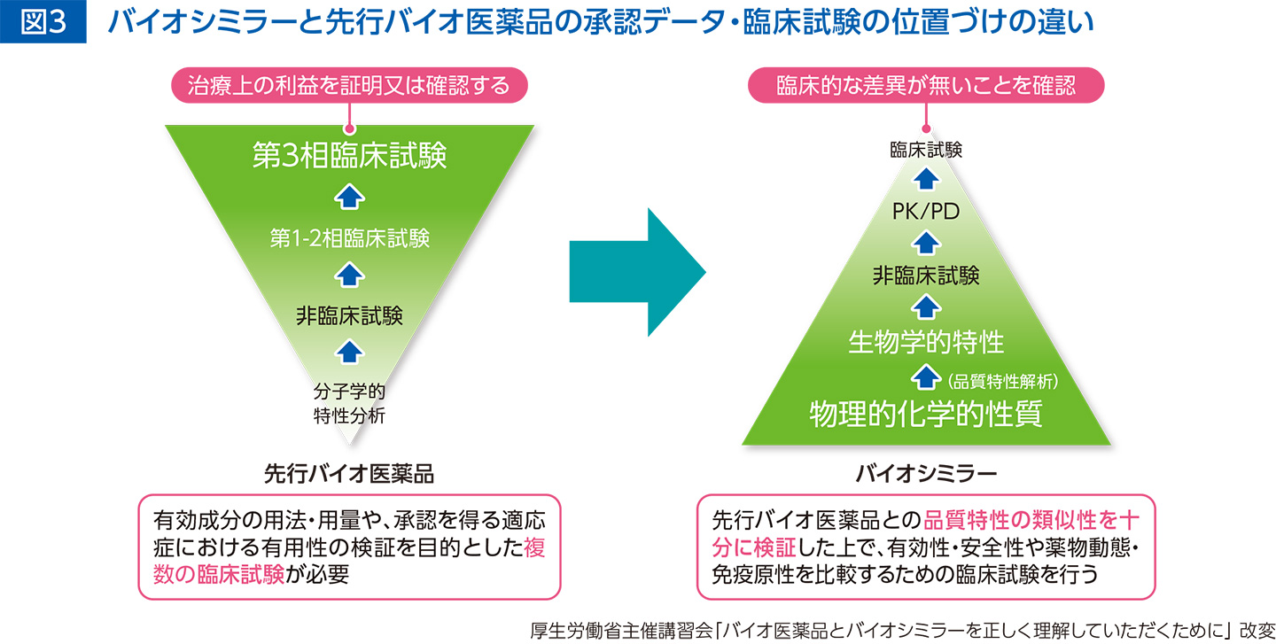 図3 バイオシミラーと先行バイオ医薬品の承認データ・臨床試験の位置づけの違い